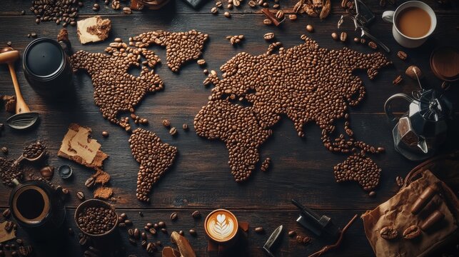 World map made by coffee beans in wooden table 