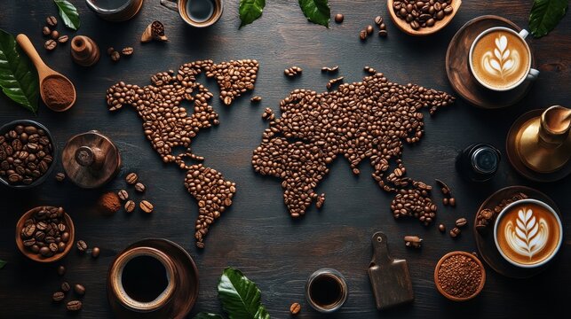 World map made by coffee beans in wooden table 
