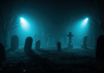 Eerie foggy graveyard scene with tombstones and bare trees at night