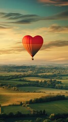 Fototapeta premium A vibrant heart-shaped hot air balloon glides gracefully through a colorful sunset sky, offering a romantic view over expansive green landscapes on Valentine's Day