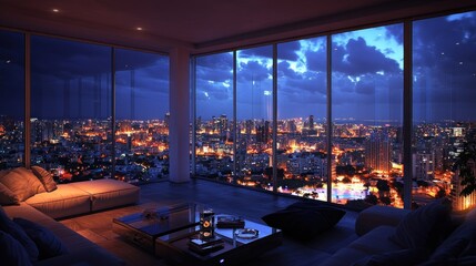 Modern living room with city skyline view at twilight.