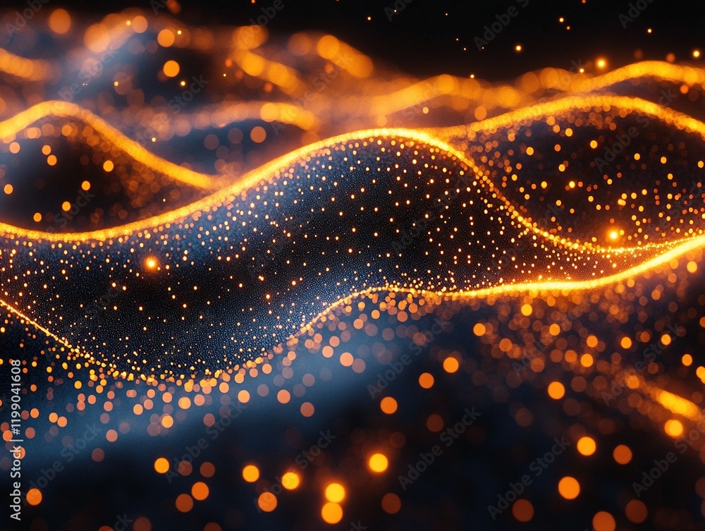 Poster glowing particle waves flow on dark background