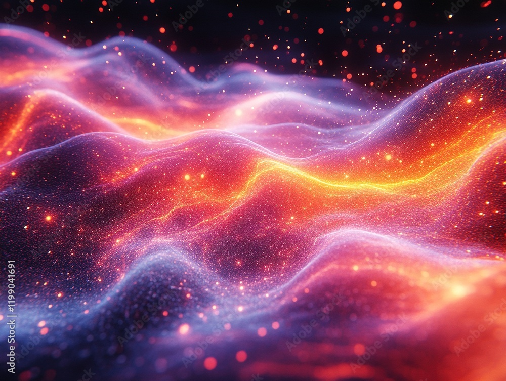 Poster glowing particle waves flow in vibrant space