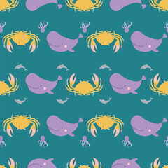 Sealife Cute Animals Vector Seamless Pattern