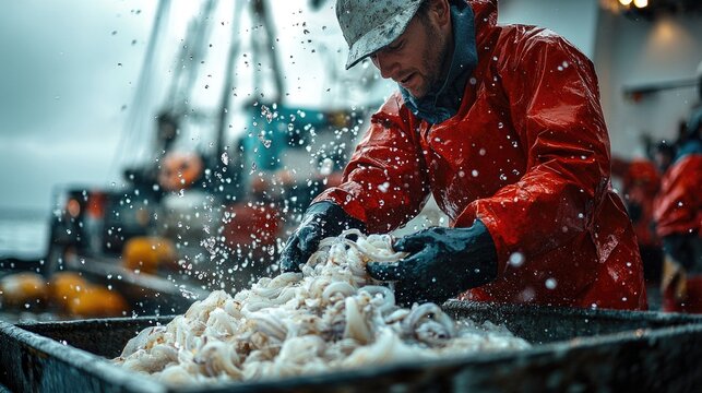 Male fisherman sorting freshly caught squid on fishing boat in stormy sea