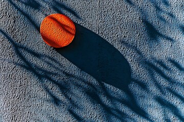 A bright orange circle with a rough texture, is placed on a textured blue wall, casting a long shadow, creating a simple and visually appealing abstract art piece.