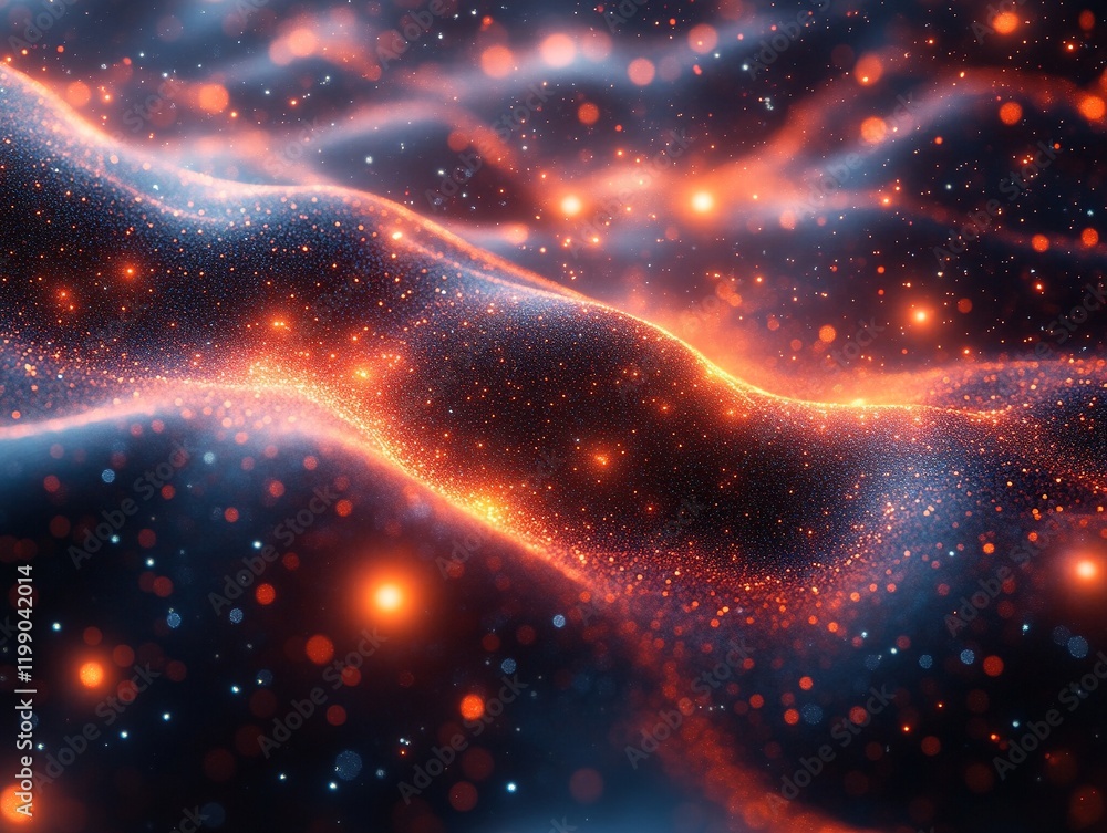Poster glowing particle waves in dark space for digital background