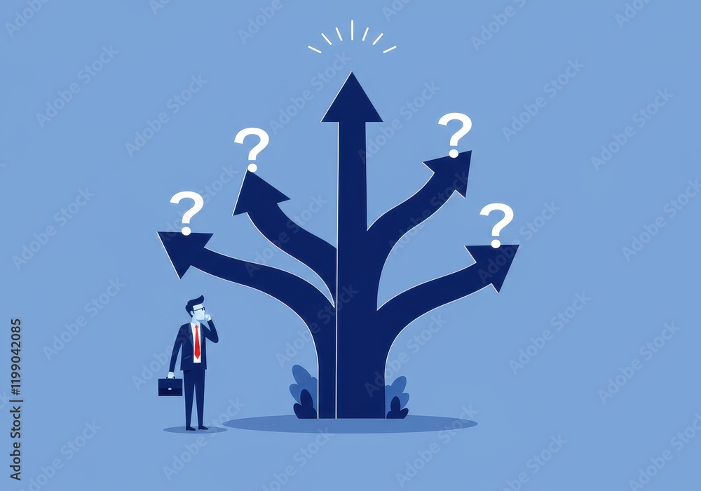 Poster businessman contemplates multiple directions with arrows and question marks