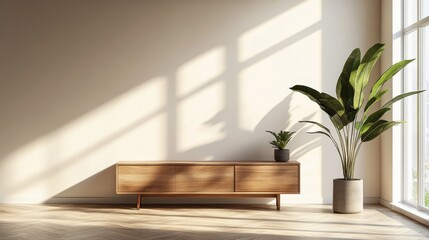 Fototapeta premium Minimalist living room design with Wooden TV cabinet 