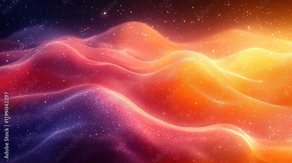 Poster glowing particle waves in space with sparkling background