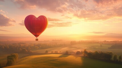Fototapeta premium A vibrant heart-shaped hot air balloon soars above a lush green landscape during a beautiful sunset