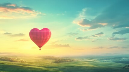 Fototapeta premium A vibrant hot air balloon in the shape of a heart gracefully drifts above a lush green landscape as the sun sets, creating a romantic and enchanting atmosphere ideal for Valentine's Day