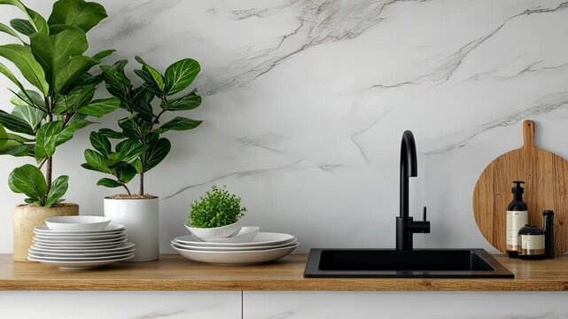 Bright and airy kitchen features sleek black faucet, wooden accents, greenery, and organized dinnerware on a simple countertop