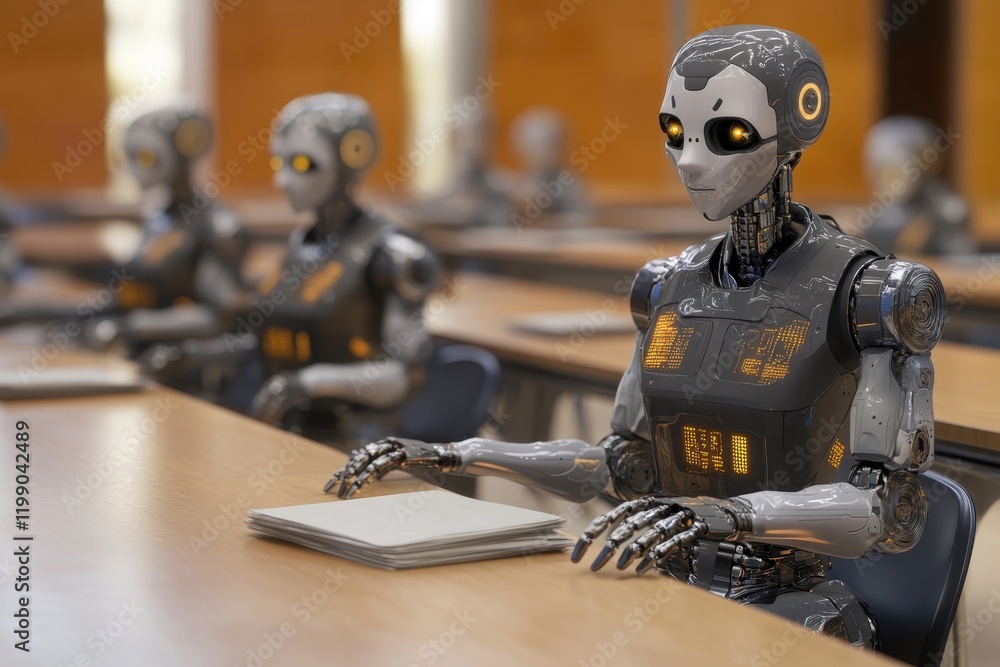 Poster robots attend a training session in a modern classroom setting