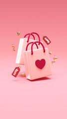 Valentines Day social media post background template with shopping bags, tags and hearts on a pink scene and copy space in 3D illustration. Special offer flyer and shopping concept
