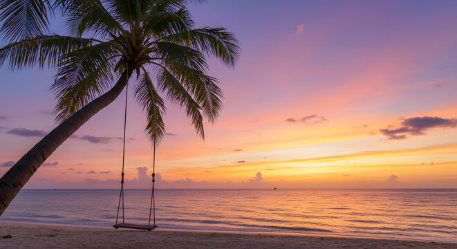 A romantic sunset on the beach showcases a palm tree adorned with a swing, set against a backdrop of magnificent clouds in the sky. This dreamy landscape captures the allure of a tropical island parad