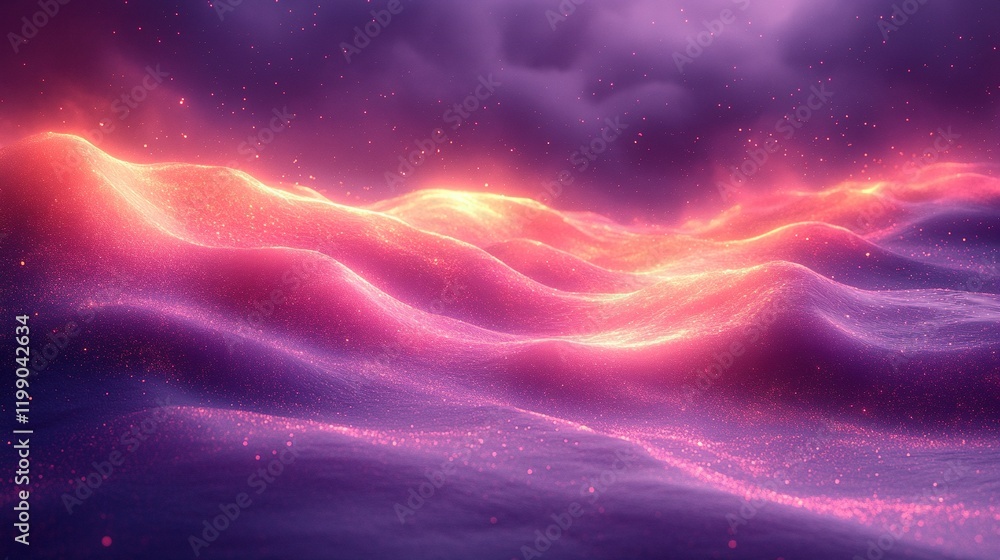 Poster glowing particle waves under dark, sparkling sky. abstract background/texture