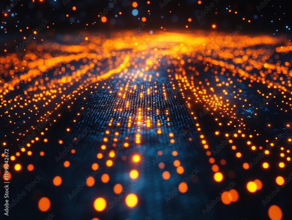 Poster glowing particles flow across dark digital landscape with bokeh background