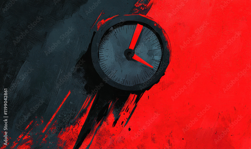 Poster dynamic abstract art depicting the concept of time through a powerful clock against bold red and bla