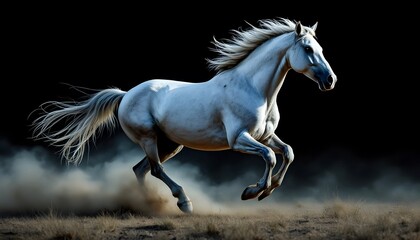 A white Arabian horse is running through a field of dirt