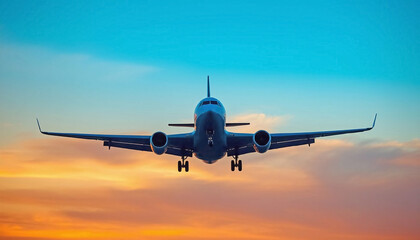Obraz premium Front view of an airplane mid-flight with blazing orange and blue sunset sky, symbolizing aviation and travel freedom