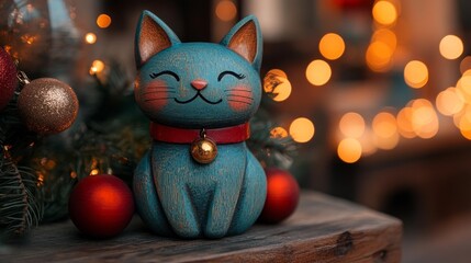 Handcrafted Wooden Cat Figurine with Festive Decor. Generative AI