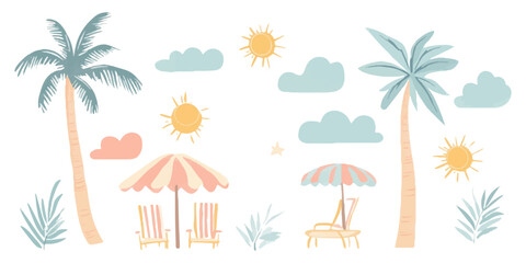 Obraz premium Set of cute summer clip art illustrations, featuring a beach umbrella and chairs, palm trees, clouds, suns, in pastel colors on a white background.