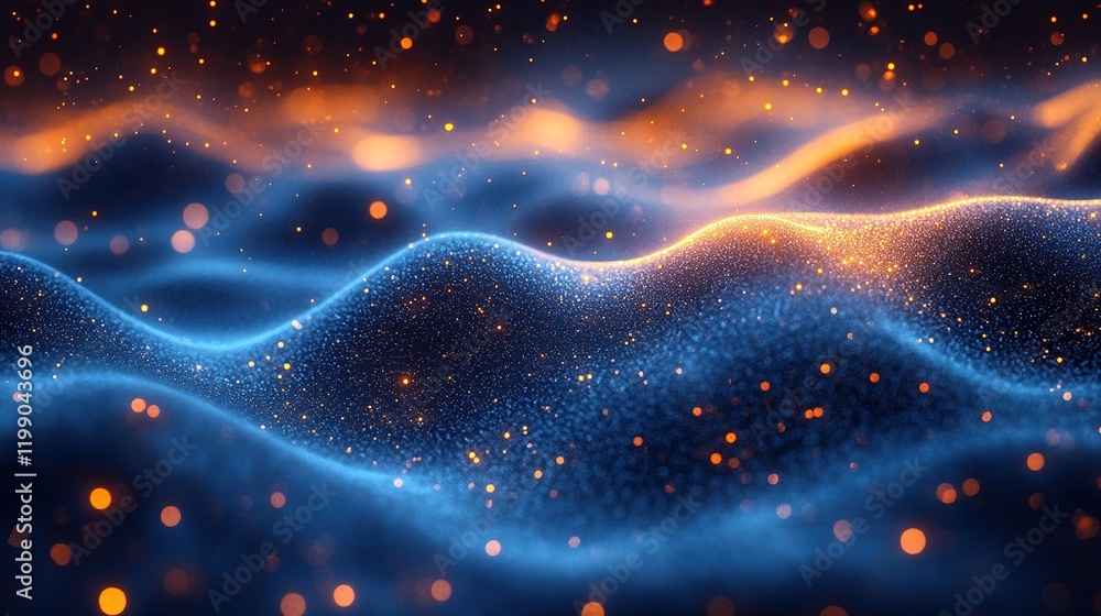 Poster glowing particles form abstract waves in digital space