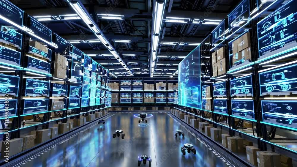 Poster exploring a high-tech warehouse with automated drones and advanced monitoring systems