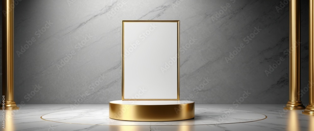 Poster luxurious gold frame on elegant marble display with classic columns