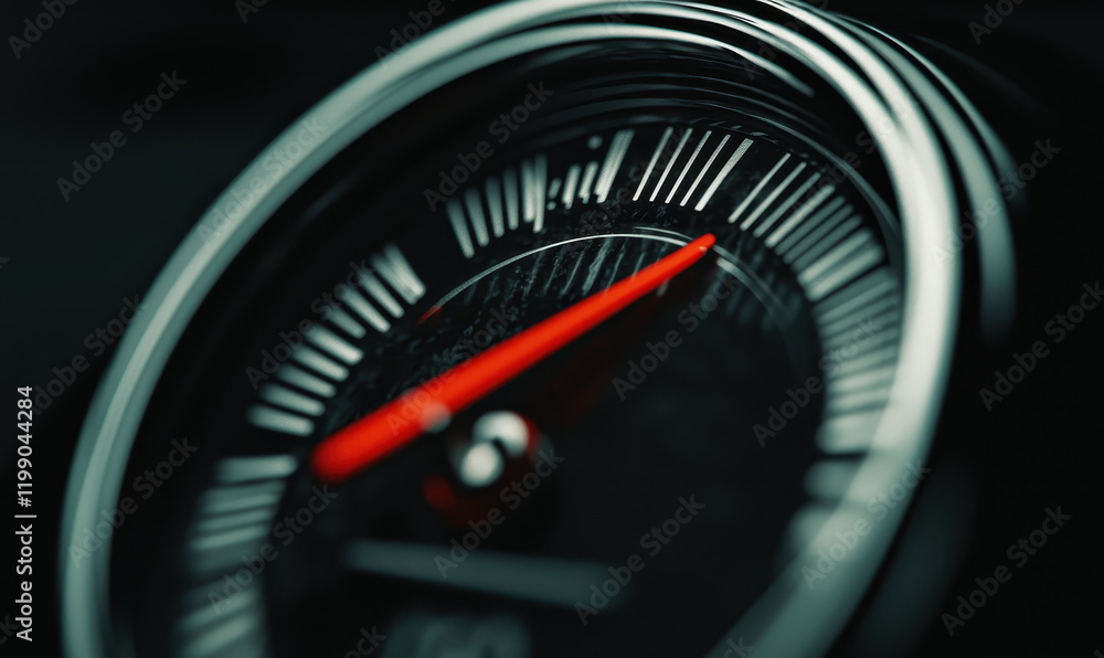 Poster dynamic close-up of a speedometer dial with vibrant red needle highlighting precision and performanc