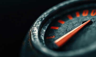 Close-Up of a Speedometer Gauge with Focused Needle Displaying High Speed, Illustrating Precision and Mechanism in Modern Transportation Vehicles