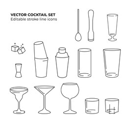 Editable Stroke Line Icon Set: Bar & Cocktail Glasses Collection – Perfect for Menus, Apps & Designs