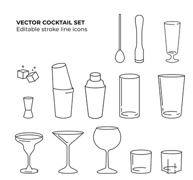 Editable Stroke Line Icon Set: Bar & Cocktail Glasses Collection &ndash; Perfect for Menus, Apps & Designs
