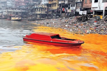 Fototapeta premium A small red boat floats amidst a river heavily polluted with orange waste