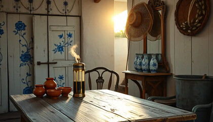 A_icon_of_In_an_ethereal_twilight,_a_rustic_French_farmhouse,_bathed_in_the_soft,_golden_glow_of_the_setting_sun,_stands_as_a_testament_to_time Generative AI