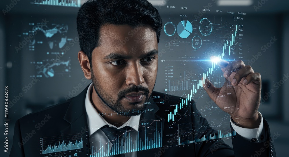 Poster businessman analyzing digital data with futuristic technology interface in office setting