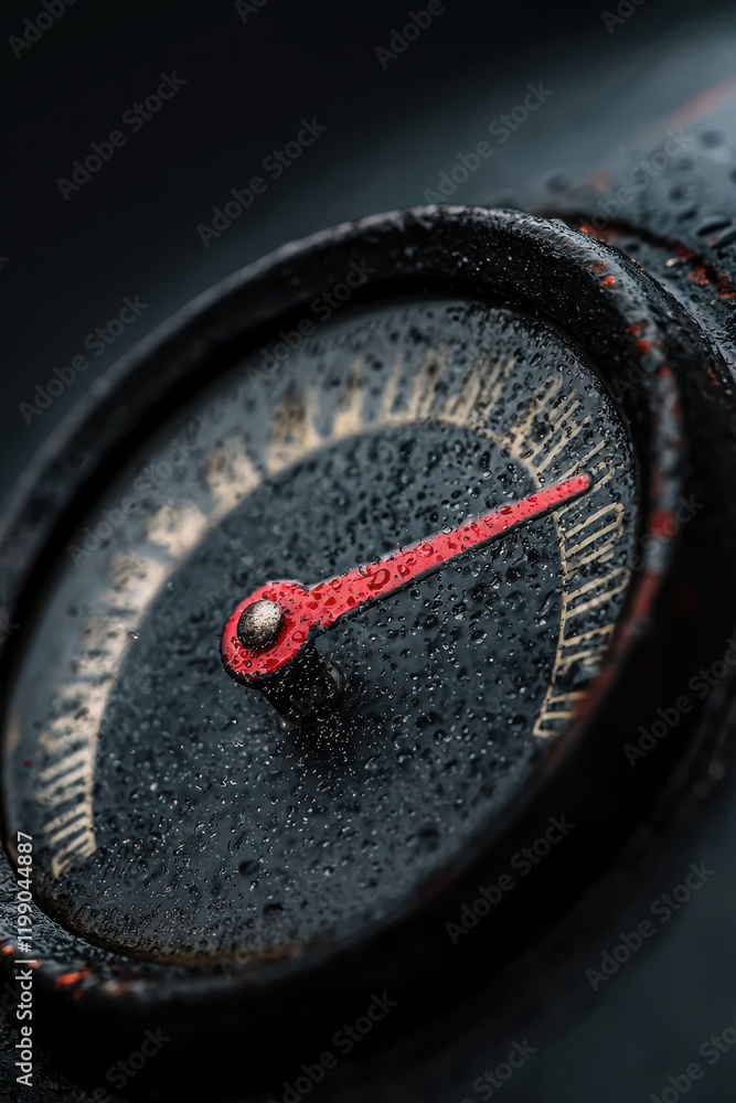 Poster close-up of a precision gauge instrument with red pointer and water droplets showcasing measurement 