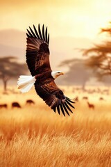 Fototapeta premium Eagle soaring over a golden savanna with animals grazing below