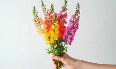 Beautiful flowers composition. Female hand holding colorful snapdragon flowers bouquet on white background.