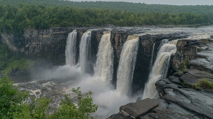 Fototapeta premium Majestic waterfall cascading into a lush green landscape.
