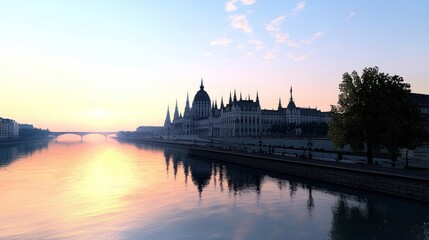 Fototapeta premium Sunrise Cityscape with River Reflection
