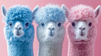 Obraz premium Cute Alpaca Trio Blue White Pink, Colorful Alpaca Portrait, Adorable Animal Art