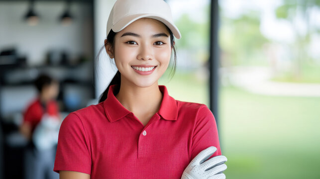 Indonesian golfer woman exercising on green grass field at golf driving range
