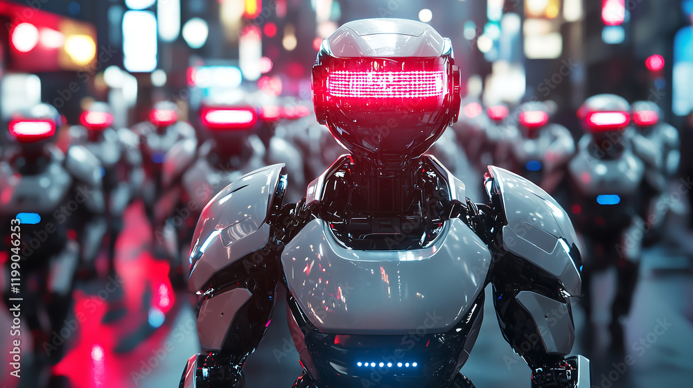 Poster futuristic ai powered police robots forming cybernetic patrol in neon lit city representing advanced