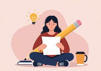 Fototapeta premium Thoughtful woman contemplating ideas with giant pencil and cup of coffee