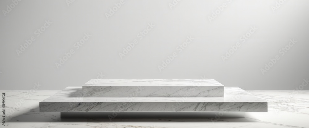 Poster marble pedestal display in minimalist setting with soft lighting