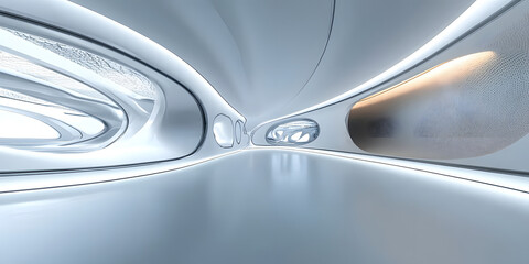 Empty space inside futuristic room, showroom, spaceship, hall or studio in perspective. Include ceiling, hidden light, white floor and abstract shape. Modern interior background of future, technology.