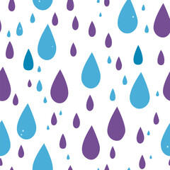Rainy seamless pattern. Blue and purple raindrops on white background. Vector decoration