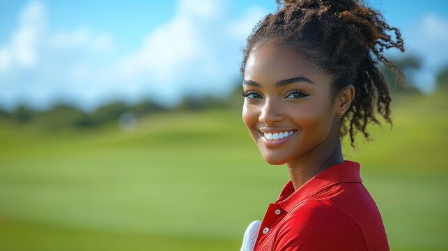 Afro golfer woman exercise at green grass field at golf driving range
